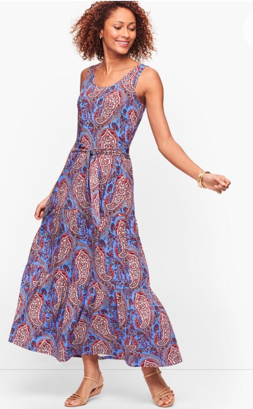 Talbots Blue Red Paisley Floral Sleeveless Tiered Jersey Maxi Dress cotton Sz L